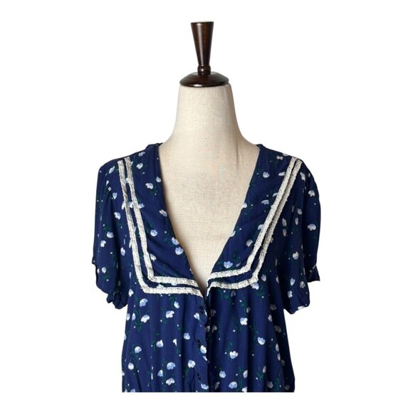Free People Dress Medium Blue White‎ Floral Collared Mini Retro Boho Cottagecore - Picture 3 of 10